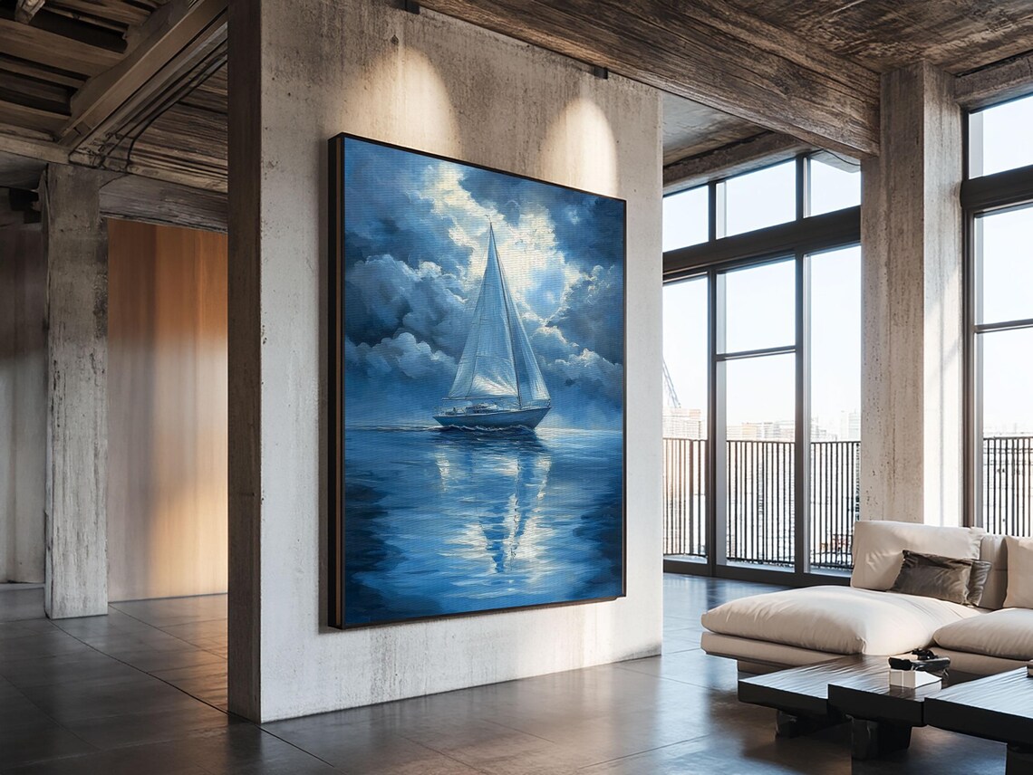 Sailboat Under Full Moon Night Sea Reflection Blue Painting Wall Art Print - Image 3