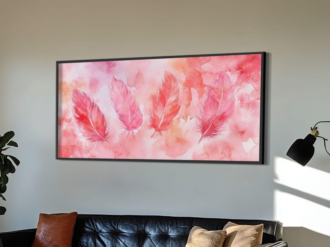Pink Watercolor Feathers Wide Horizontal Blush Feather Art Print
