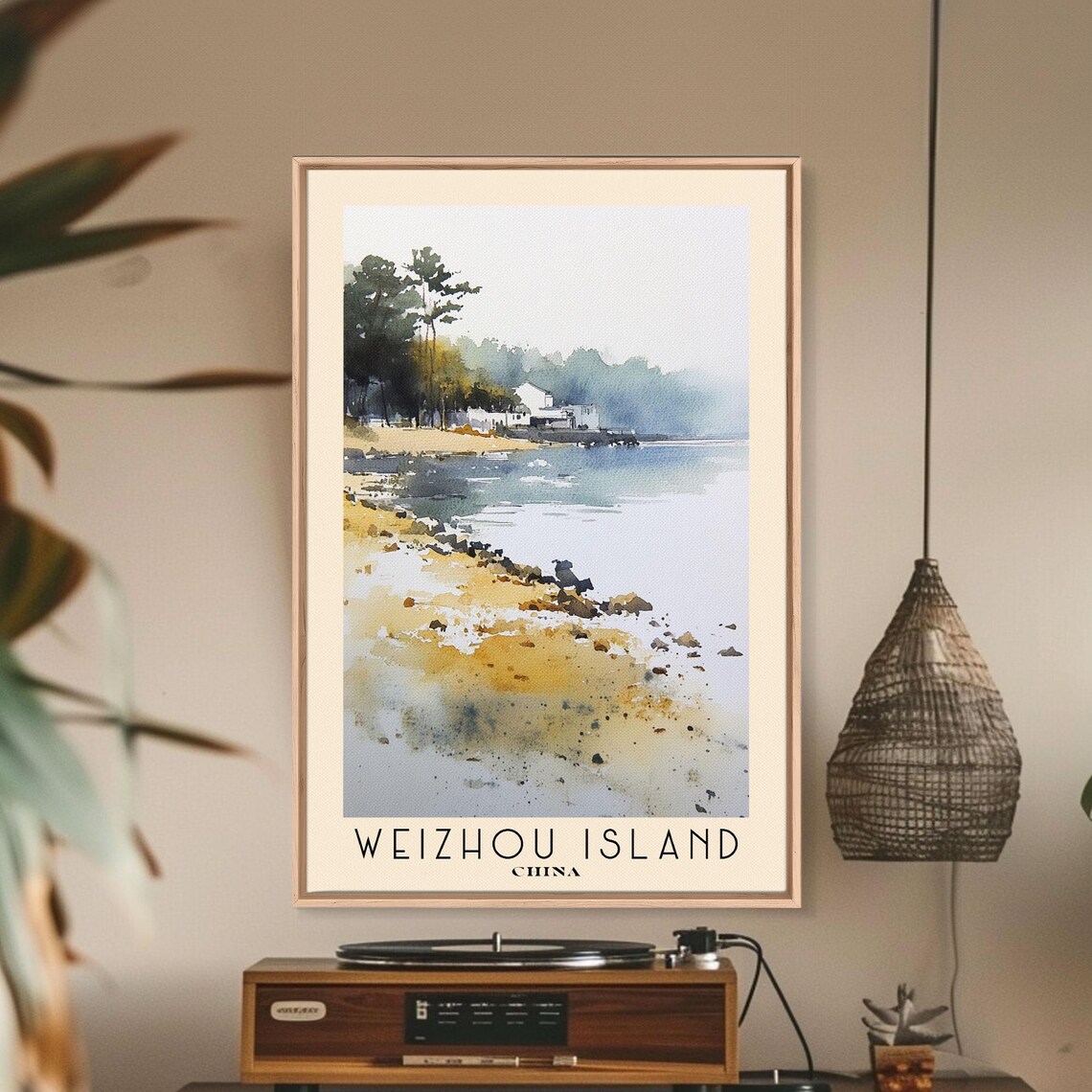 Weizhou Island China Sandy Shore Fishing Village Watercolor Poster - Image 3