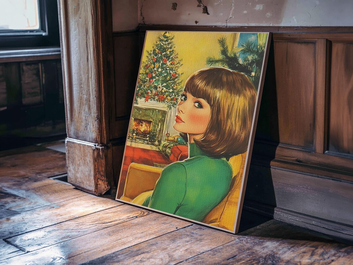 Retro 1950s Christmas Portrait Woman By Fireplace Vintage Holiday Art - Image 2