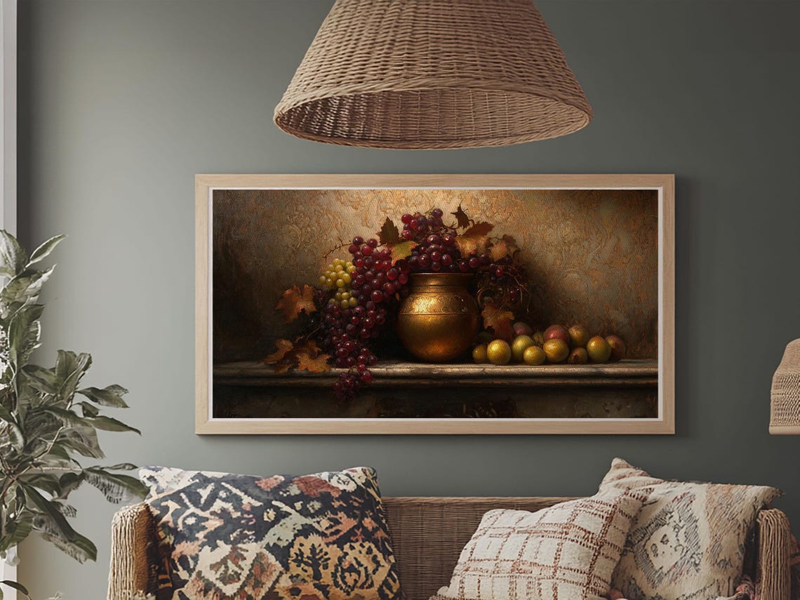 Victorian Still Life Grapes Brass Urn Dark Kitchen Art Poster - Image 2