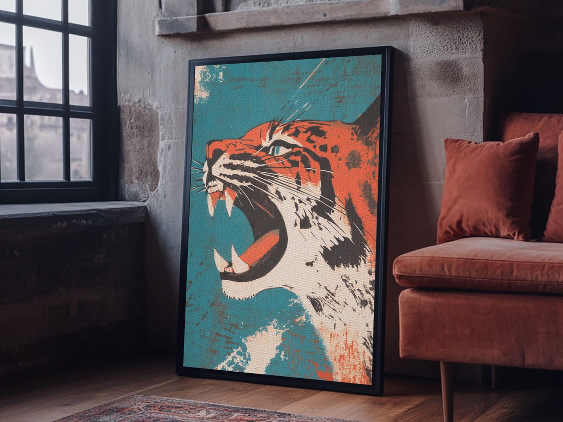 Roaring Tiger Head Bold Orange and Teal Japanese Pop Art Animal Poster - Image 5
