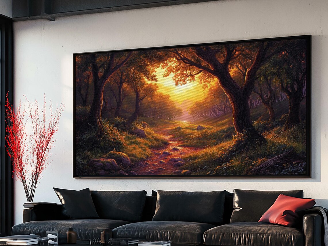Enchanted Forest Path Golden Sunset Fantasy Landscape Art Poster - Image 6