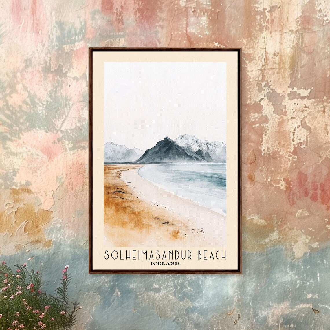 Solheimasandur Beach Iceland Black Sand Shore Dark Mountain Watercolor Poster - Image 4