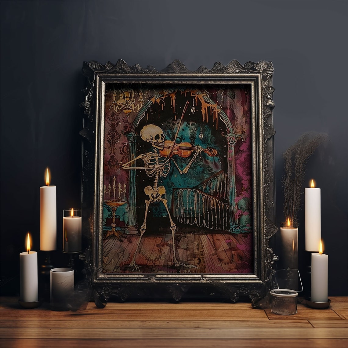 Skeleton Violinist Gothic Ballroom Chandelier Halloween Art Poster - Image 5