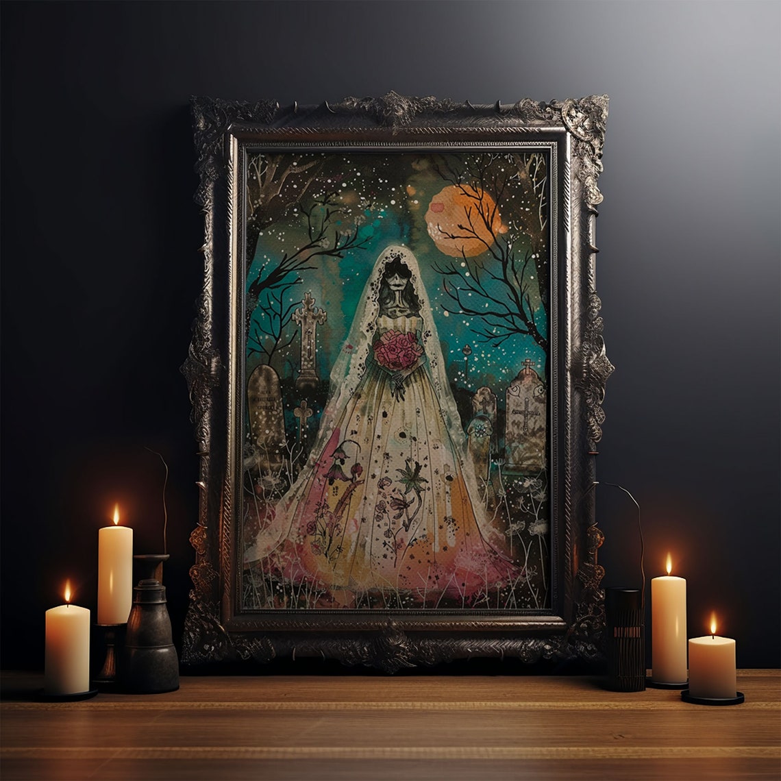 Skeleton Bride Graveyard Moonlit Cemetery Roses Watercolor Art Poster - Image 3