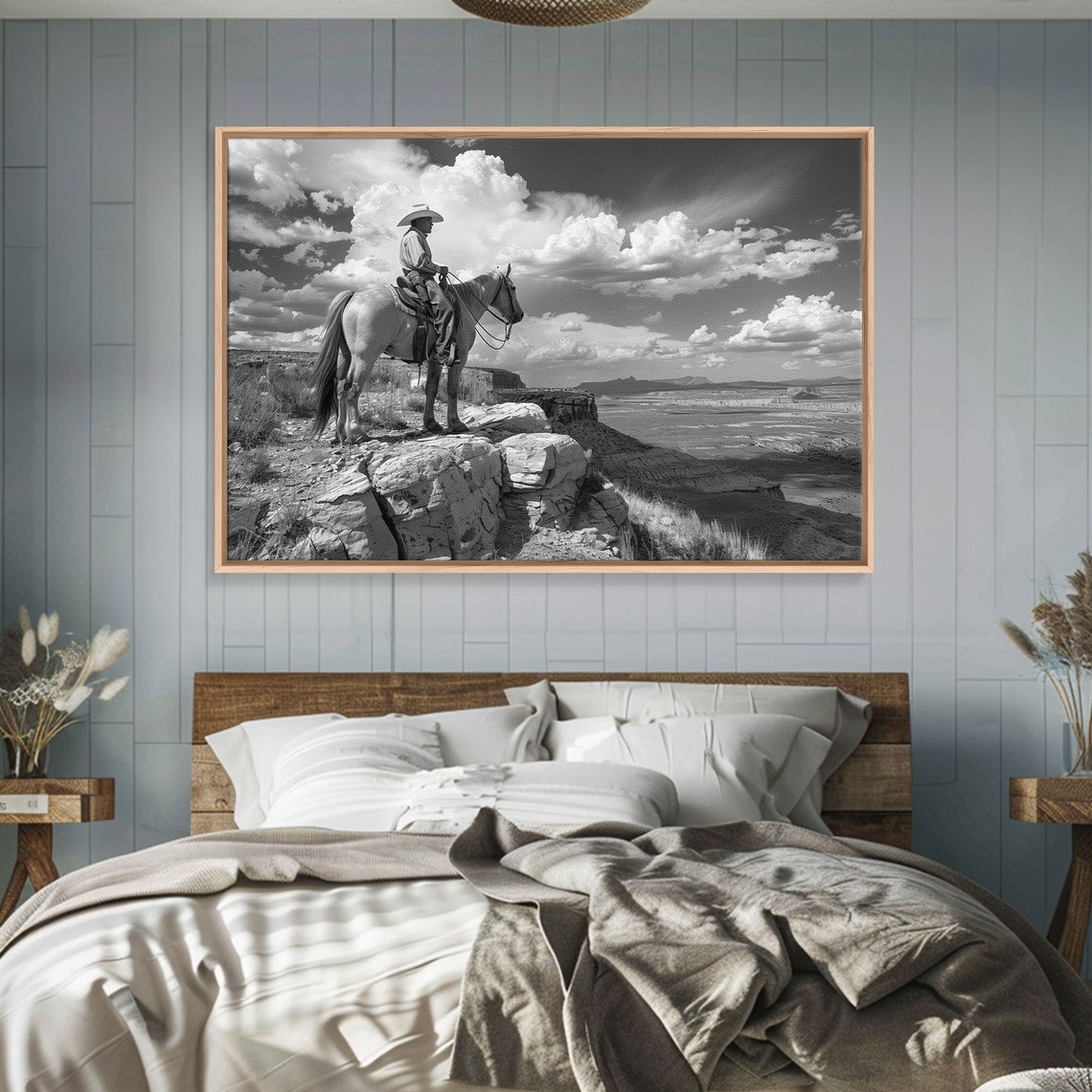 Cowboy Overlooking Valley Horseback Black White Western Poster