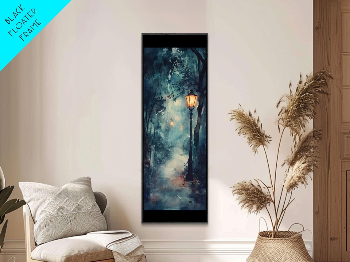 Moody Twilight Forest Walkway Glowing Lampposts Dark Art Wall Poster - Image 2