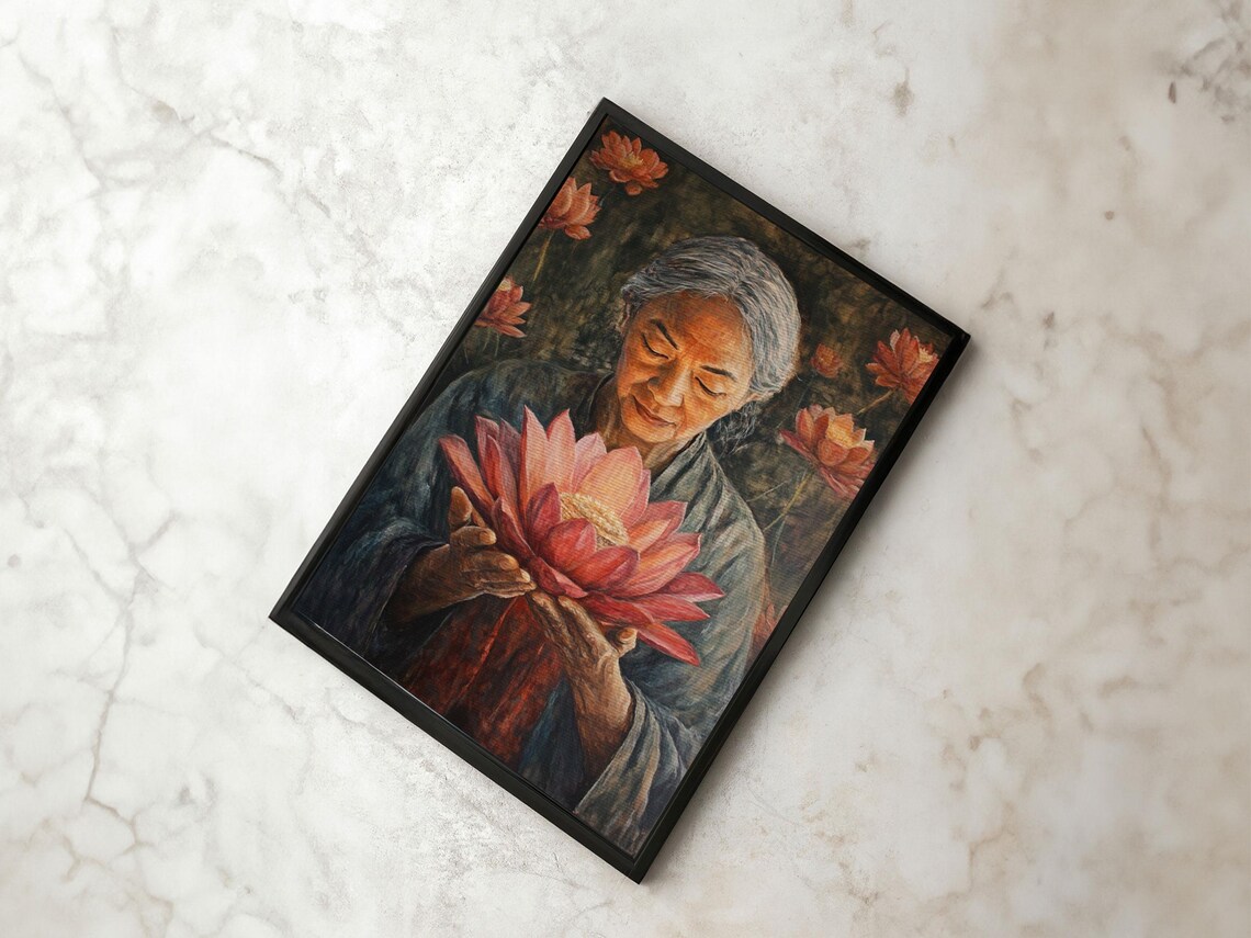 Elderly Woman Holding Lotus Flower Spiritual Zen Painting Poster - Image 4