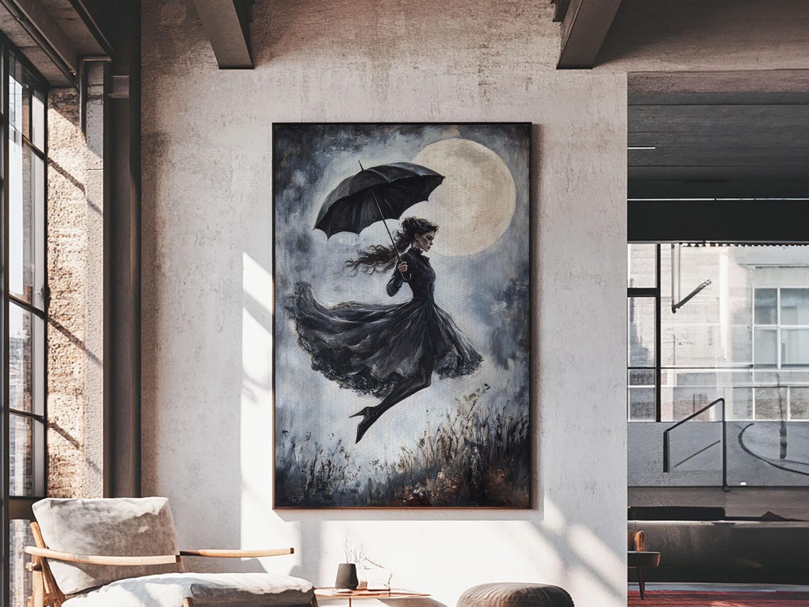 Witch Flying With Umbrella Under Full Moon Dark Gothic Night Wall Art - Image 3