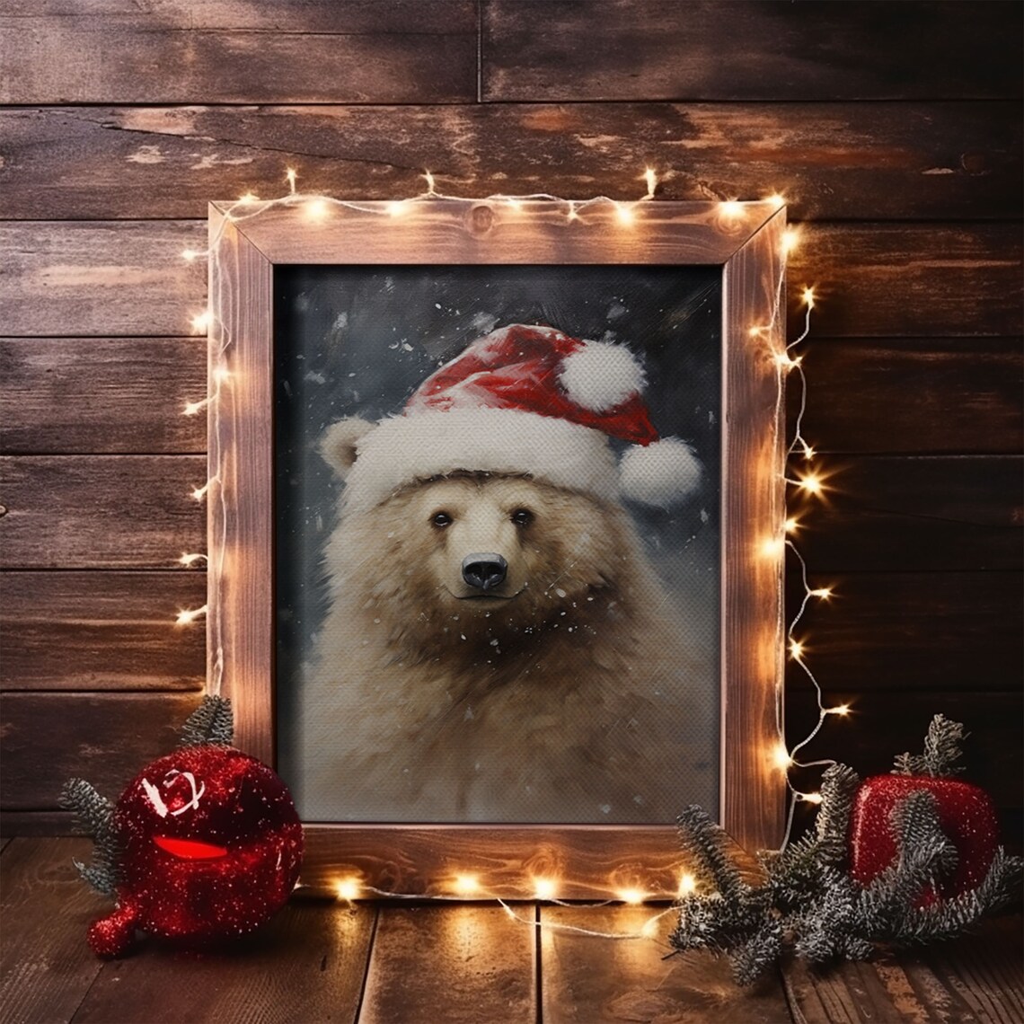 Cute Fluffy Brown Bear Wearing Red Santa Hat Snow Christmas Poster - Image 6