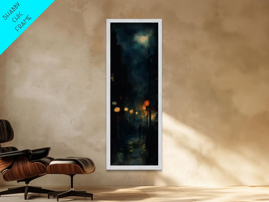 Moody Night Street Scene Glowing Lamps Rainy City Dark Art Poster - Image 3