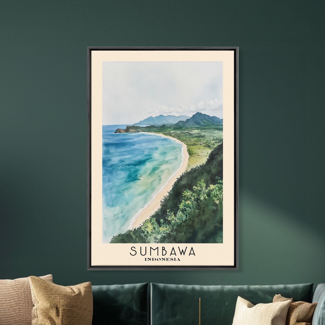 Sumbawa Indonesia Lush Green Bay Sandy Shore Mountain View Poster - Image 5