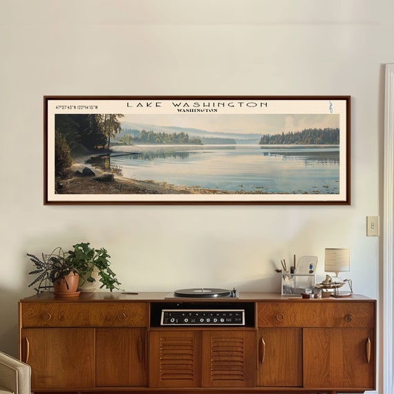 Lake Washington Framed Print Lake House Decor Panoramic Wall Art Travel Poster Scenic Landscape Painting Bedroom Decor