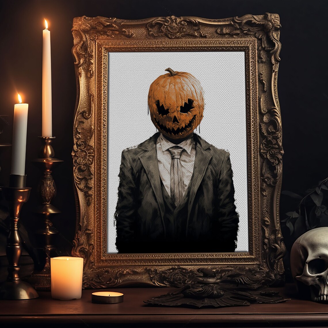 Jack O Lantern Head Man In Business Suit Vintage Halloween Portrait Print - Image 6