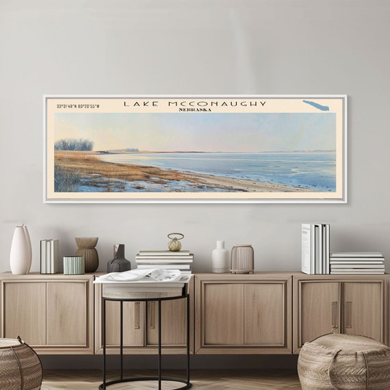 Lake Mcconaughy Nebraska Framed Print Lake House Decor Panoramic Wall Art Travel Poster Serene Lake Painting Rustic Art