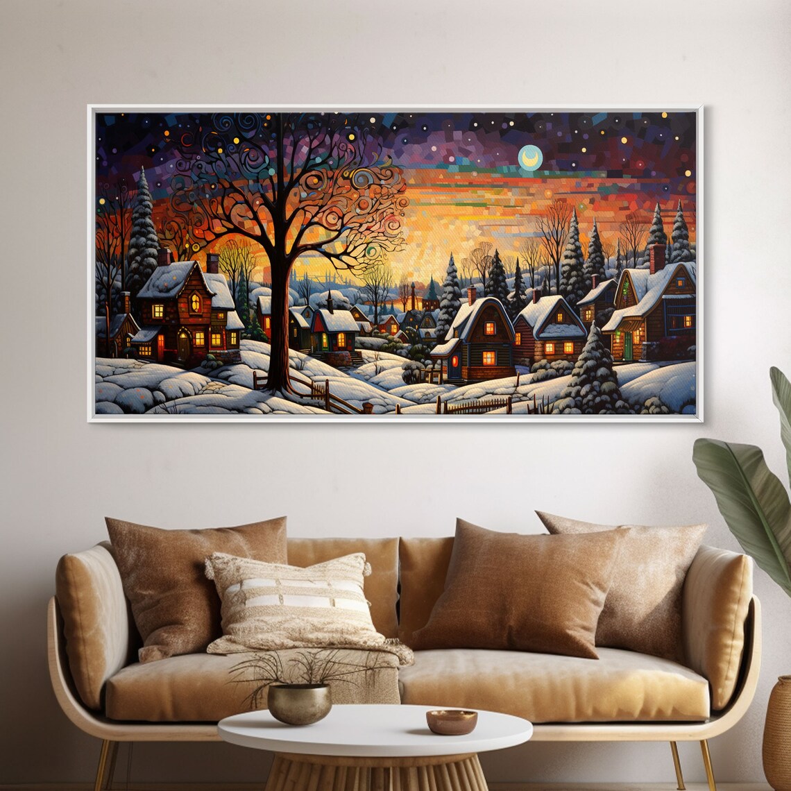 Snowy Christmas Village Night Colorful Starry Sky Panoramic Poster - Image 6