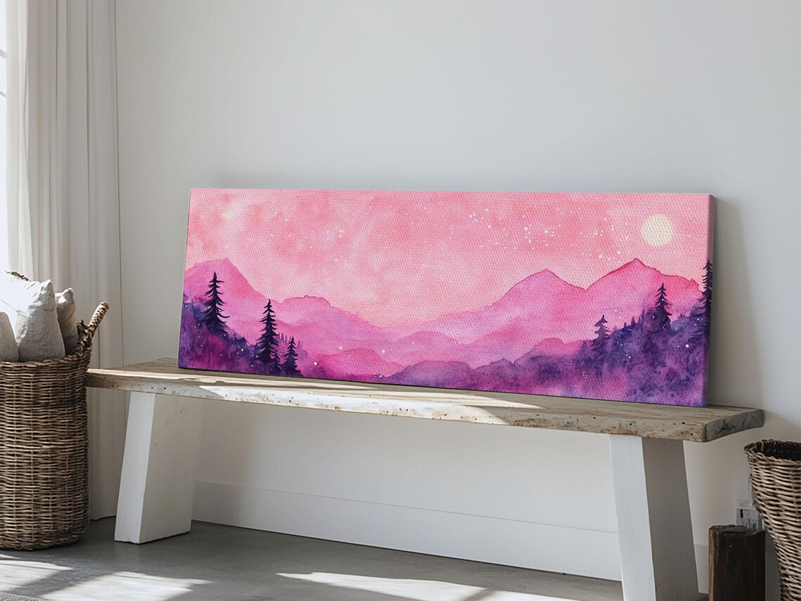 Pink Starry Night Mountain Landscape Watercolor Purple Wall Art Poster - Image 2
