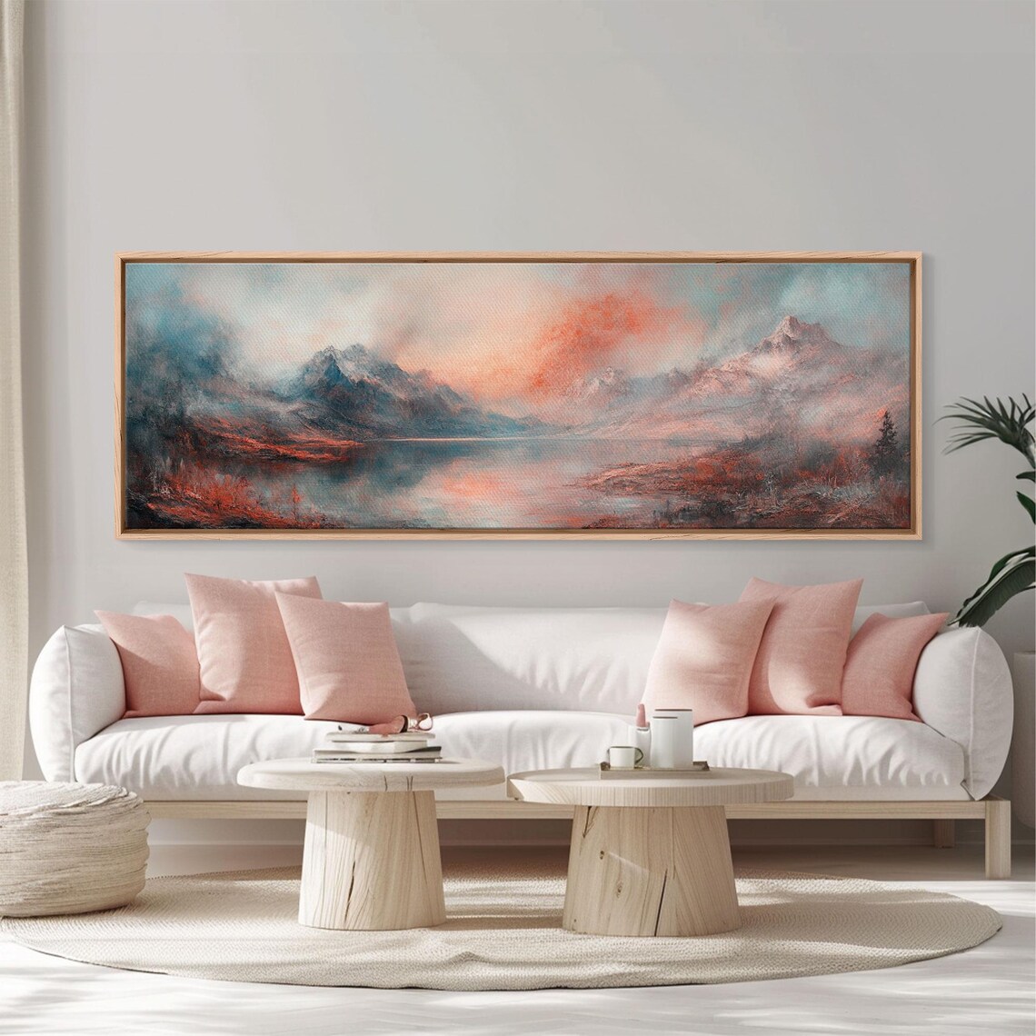 Moody Coral Blush Mountain Lake Mist Minimalist Landscape Poster - Image 6