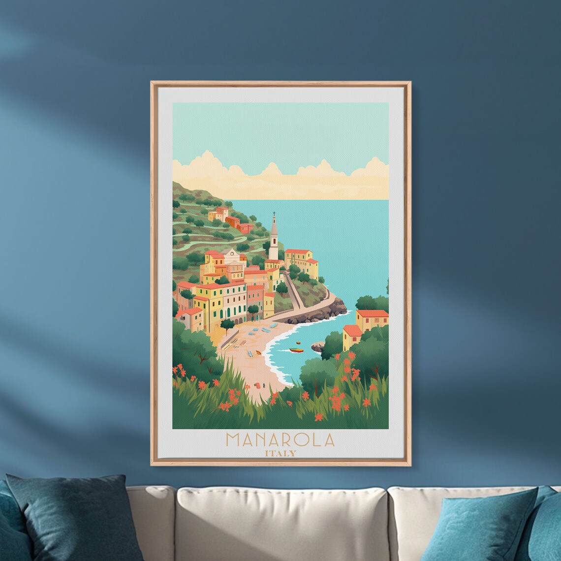 Manarola Italy Cinque Terre Colorful Cliff Village Beach Harbor Travel Poster