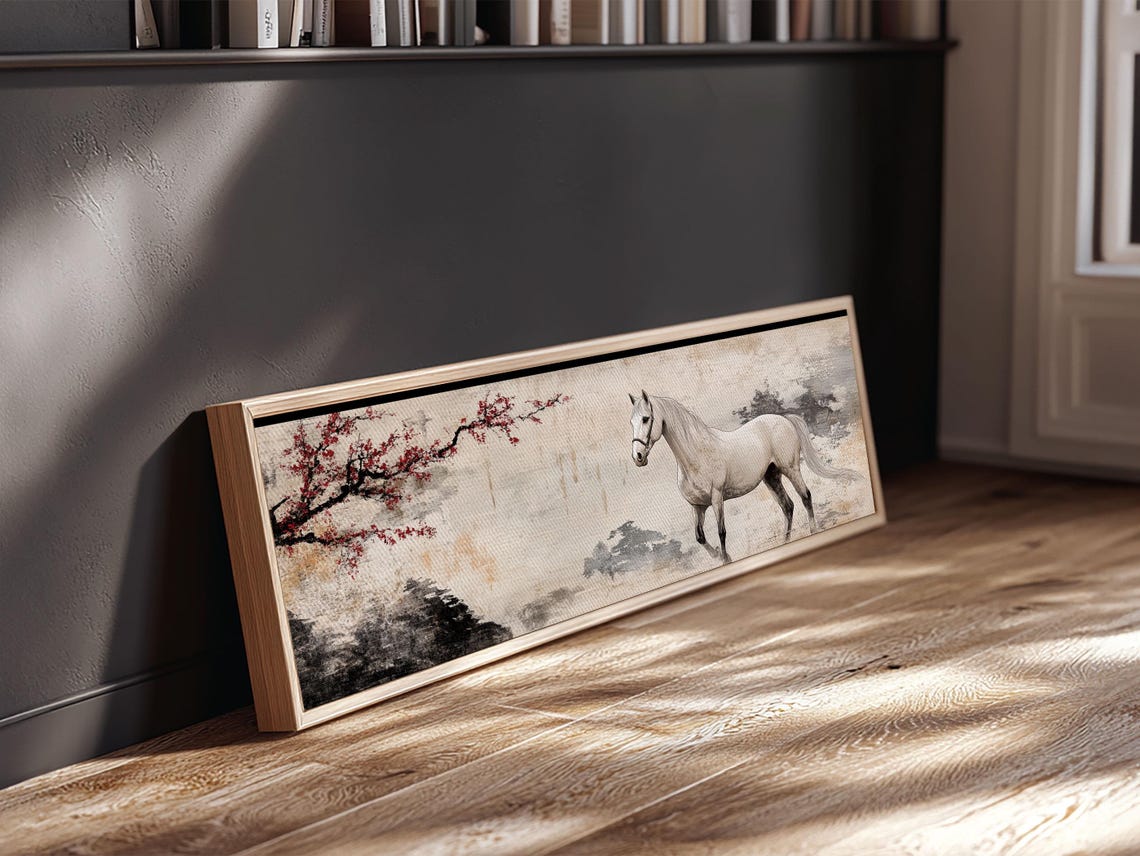 White Horse Cherry Blossom Panoramic Ink Wash Chinoiserie Art Poster - Image 6