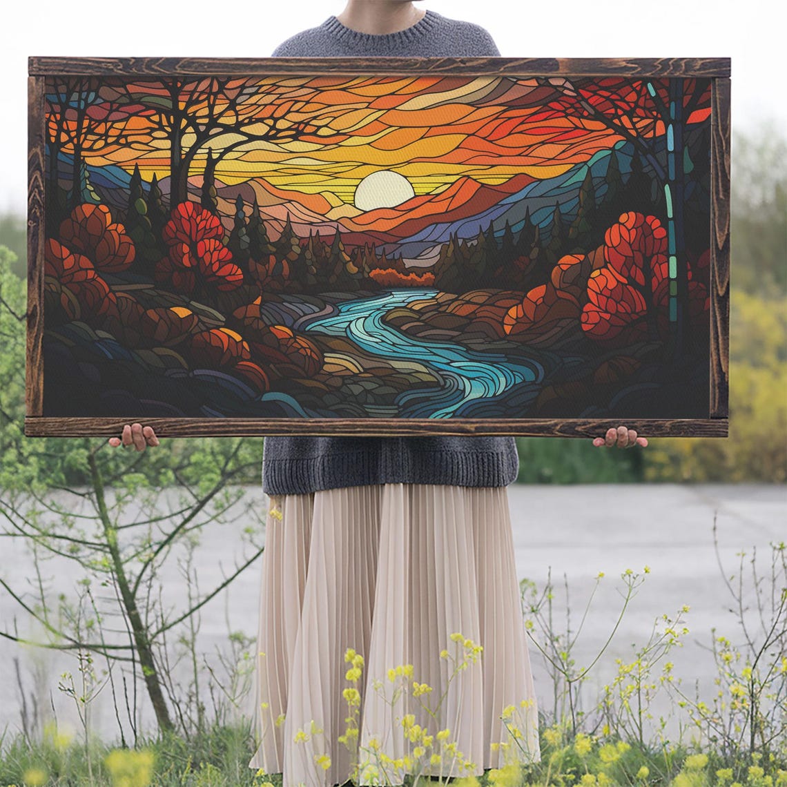 Stained Glass Autumn Landscape Winding River Sunset Mountains Poster - Image 2