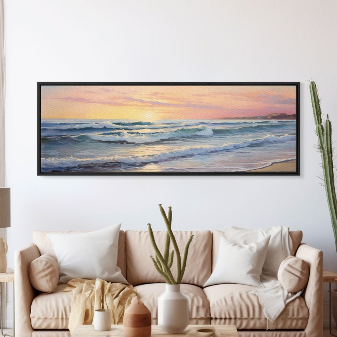 Ocean Waves Sunset Pink Sky Soft Pastel Surf Beach Wall Art Print