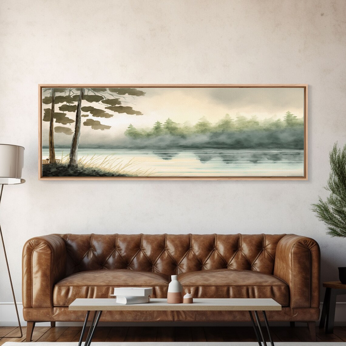 Misty Lake and Pine Forest Landscape Art Print