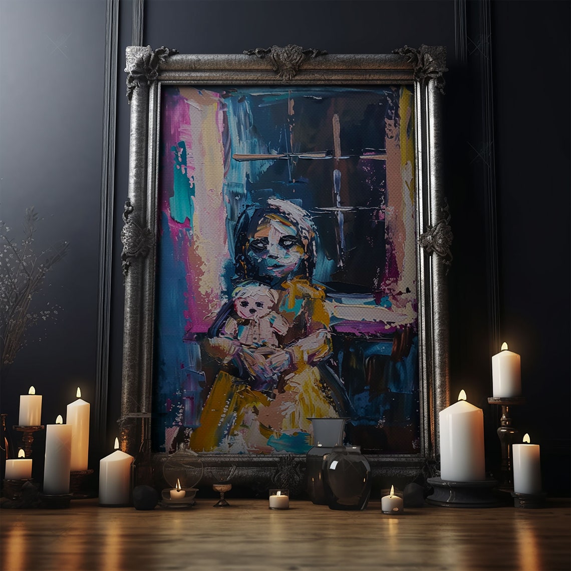 Spooky Girl With Doll Abstract Expressionist Creepy Art Wall Poster - Image 4