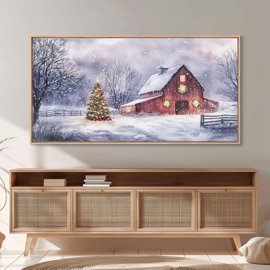 Red Barn Christmas Tree Falling Snow Glowing Holiday Farm Art Print - Image 5