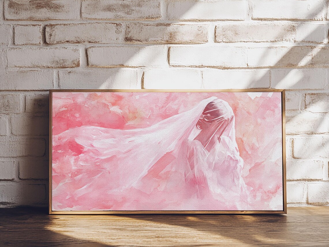 Veiled Woman In Blush Pink Wide Horizontal Soft Watercolor Portrait Poster - Image 3