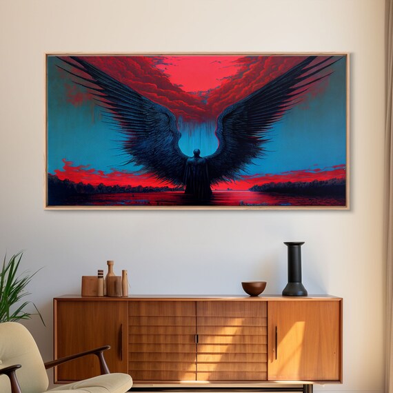 Gothic Dark Angel Giant Wings Blood Red Sky Over Water Poster