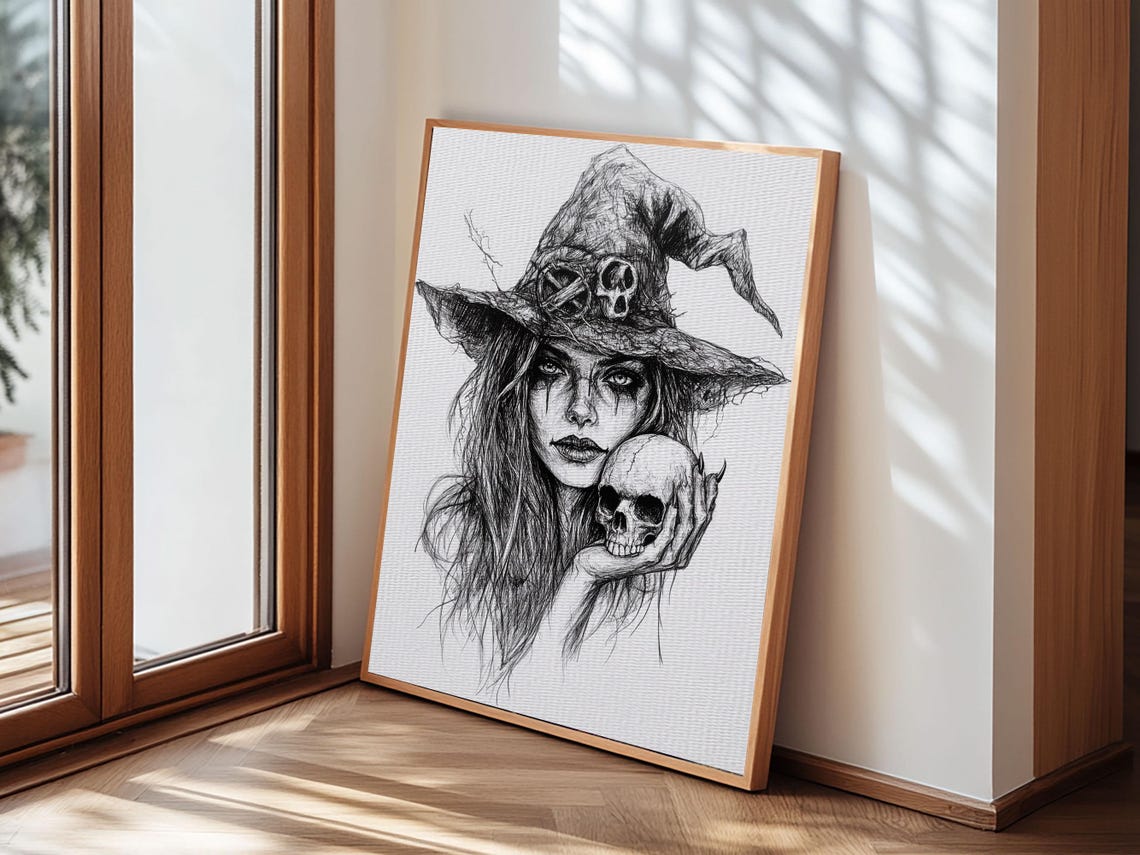 Witch Holding Skull Charcoal Portrait Dark Halloween Art Poster - Image 2