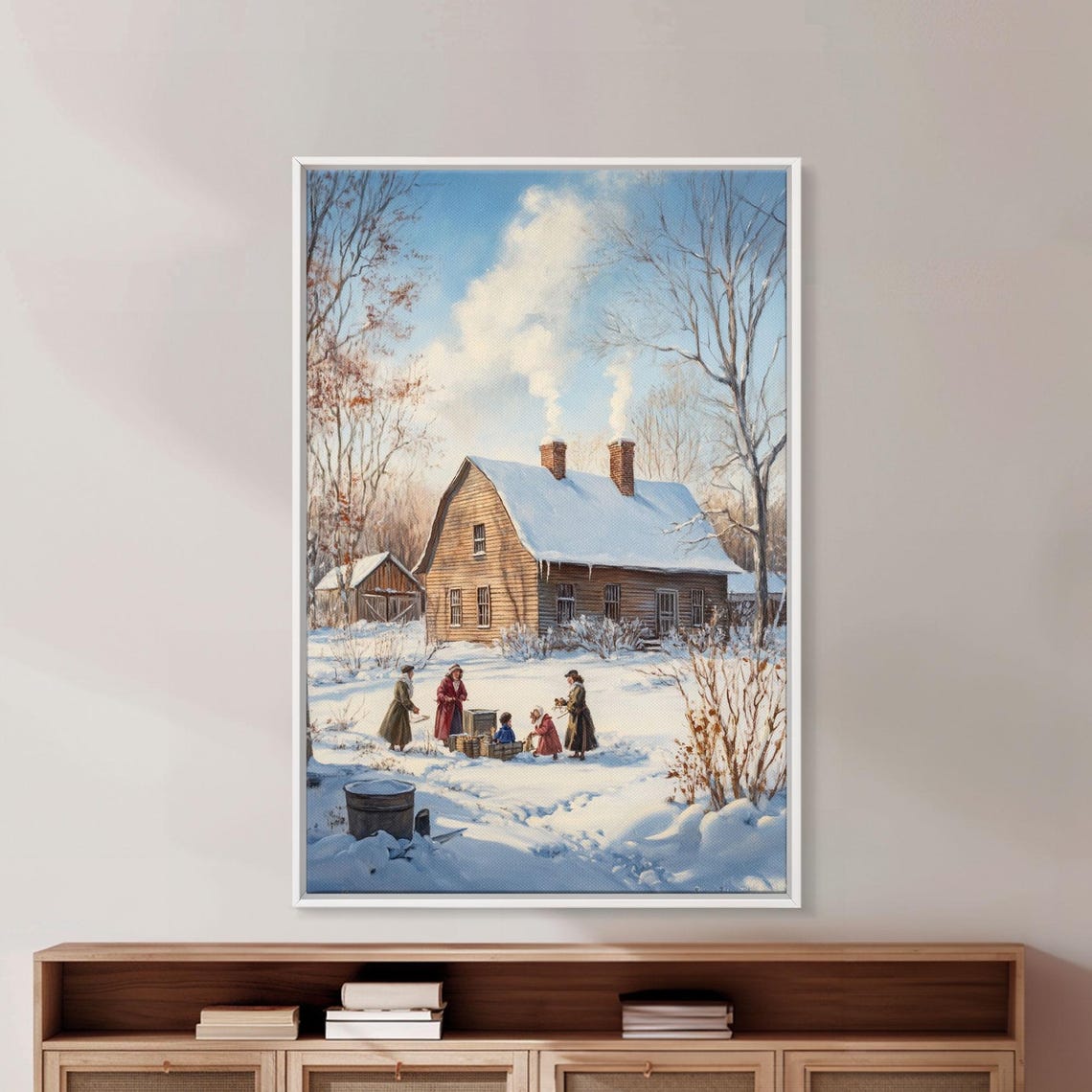 Snowy Country Homestead Framed Print Winter Family Gathering Outside Farmhouse Rustic Christmas Wall Art Holiday Seasonal Decor - Image 2