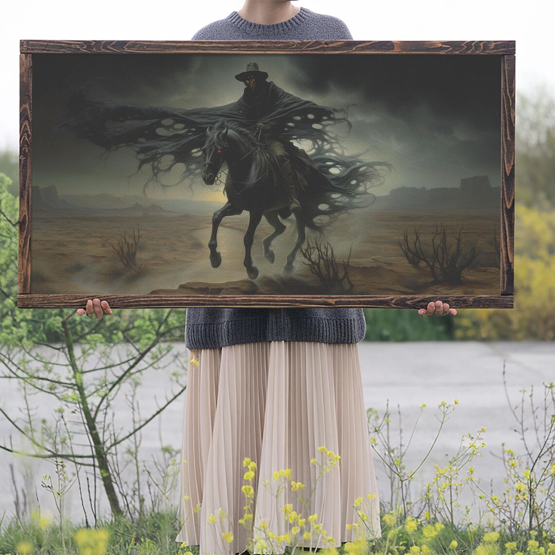 Grim Reaper Cowboy Riding Black Horse Through Dark Desert Poster - Image 2
