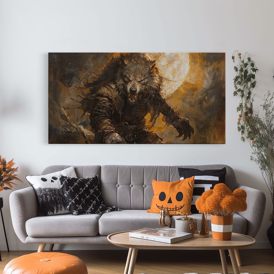 Fierce Werewolf Portrait Under Full Moon Dark Academia Oil Print - Image 6