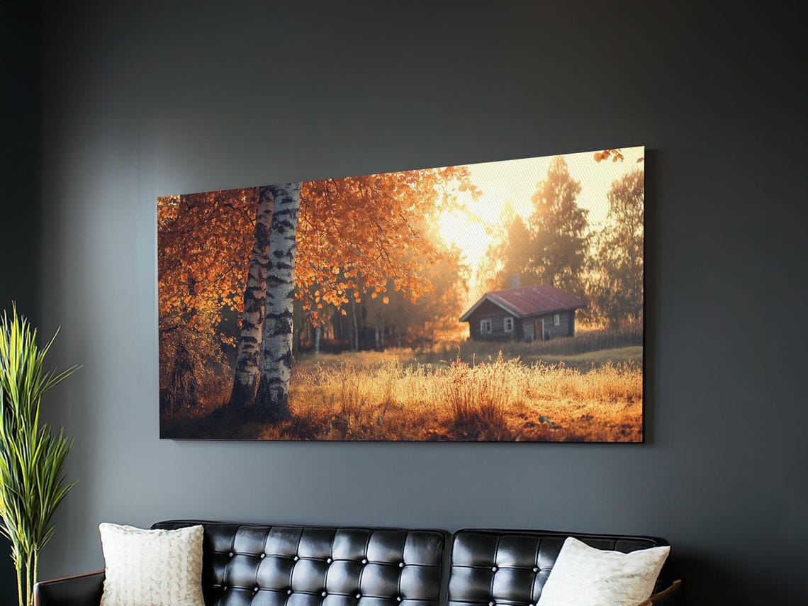 Cozy Autumn Cabin Birch Trees Golden Fall Sunset Landscape Poster - Image 3