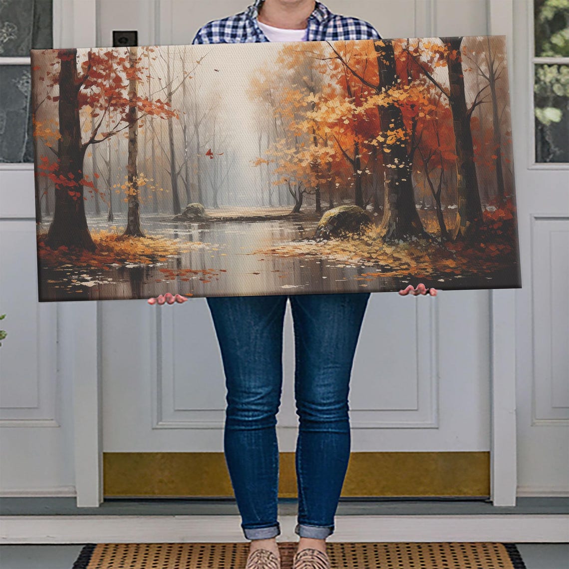 Autumn Forest Red Orange Trees Beside Still Pond Impressionist Poster - Image 4