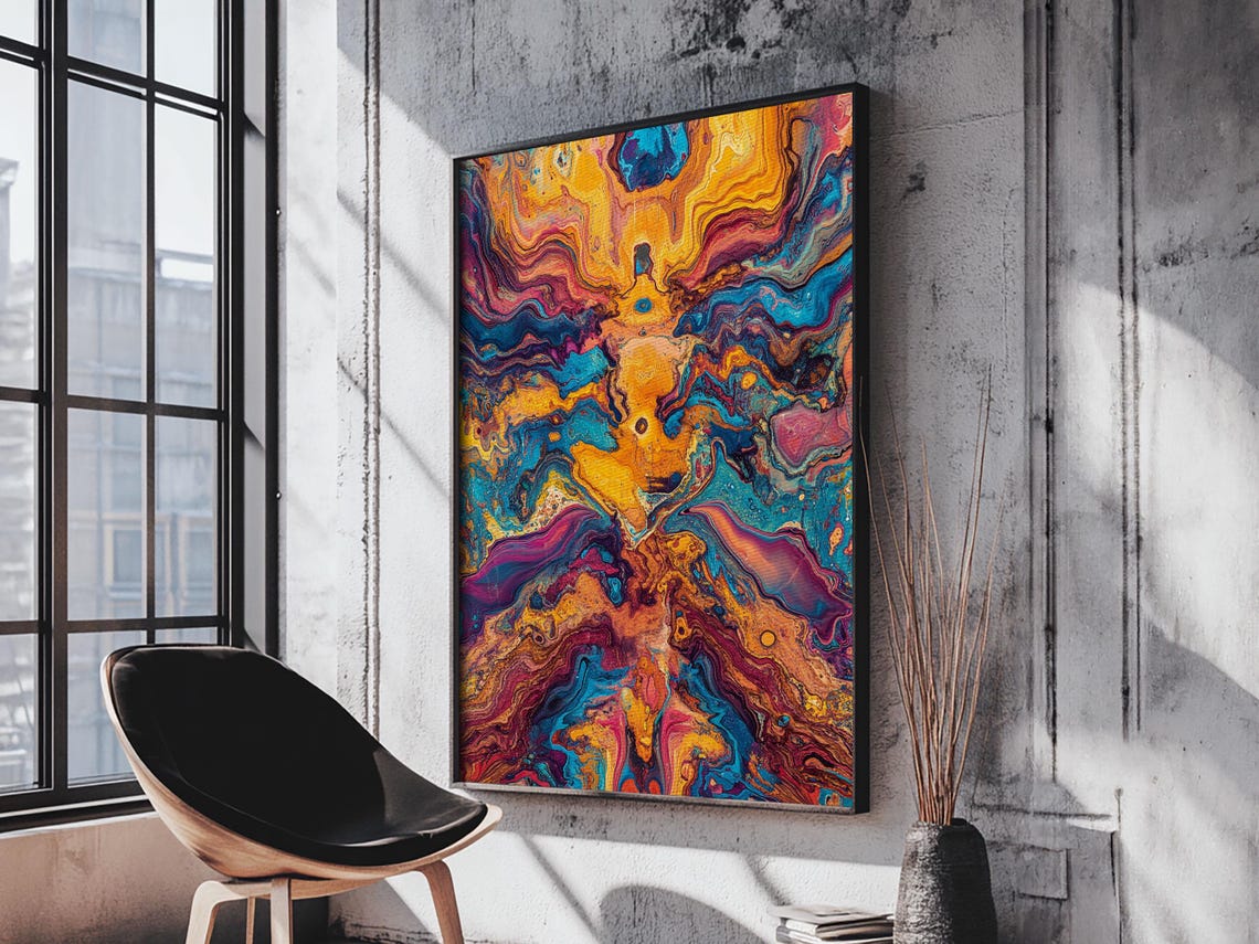 Vibrant Fluid Acrylic Pour Blue Orange Abstract Modern Art Print - Image 4