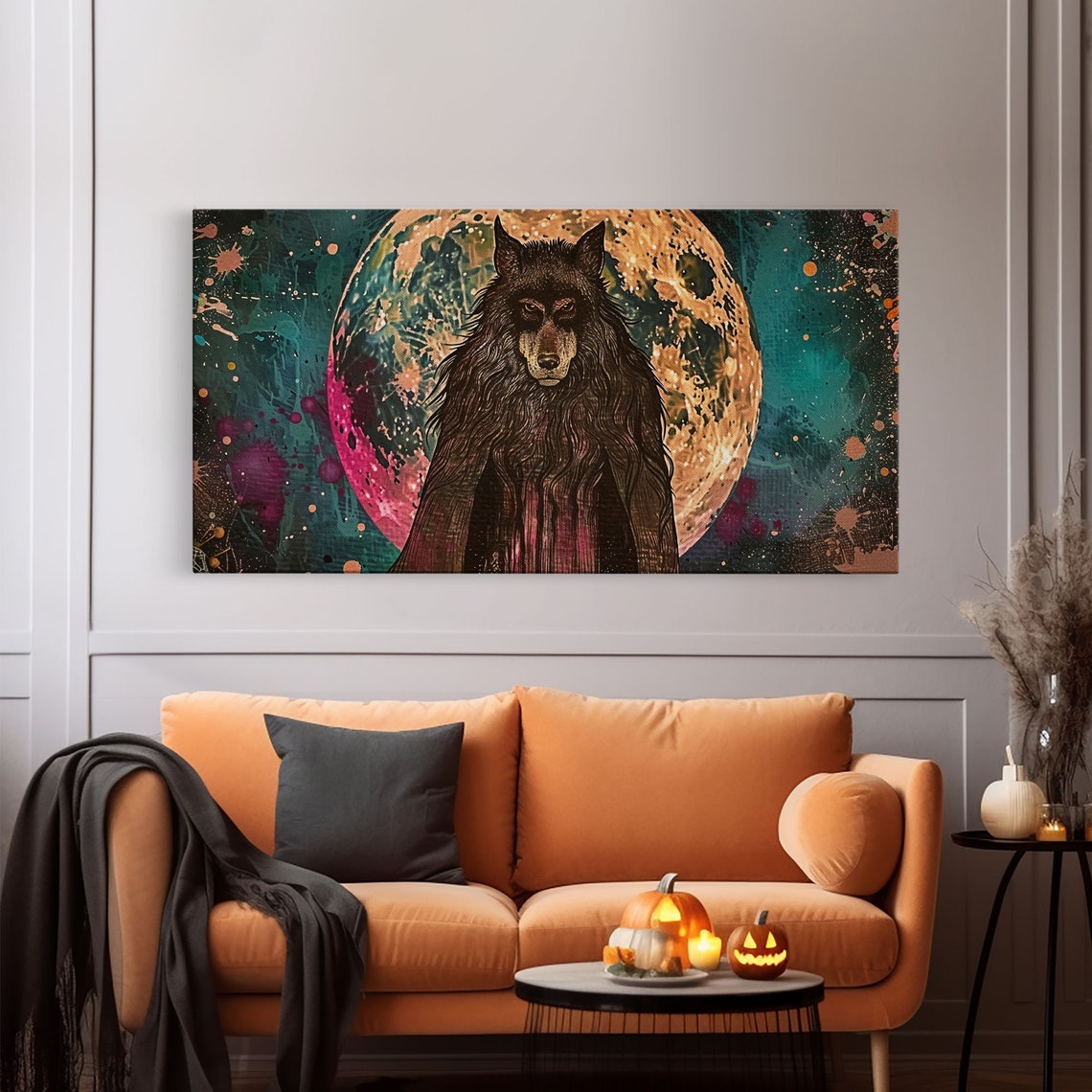 Hooded Werewolf Before Full Moon Colorful Night Sky Halloween Print