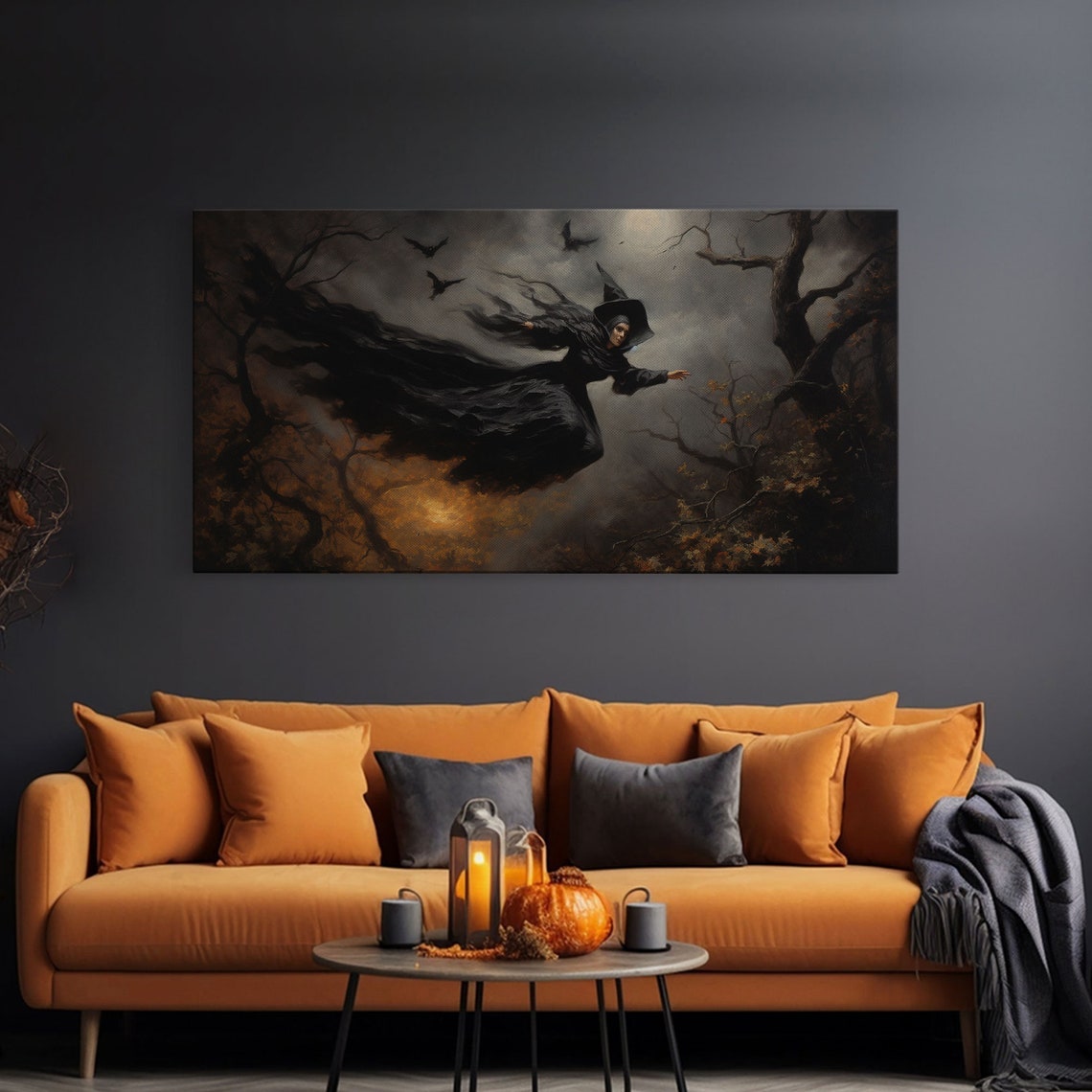 Witch Flying On Broom Over Misty Forest Full Moon Halloween Poster - Image 3