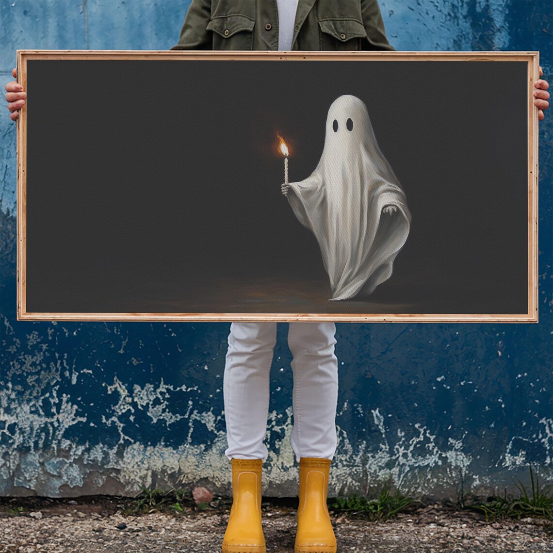 Cute Ghost Holding Candle Dark Background Oil Painting Halloween Poster - Image 6