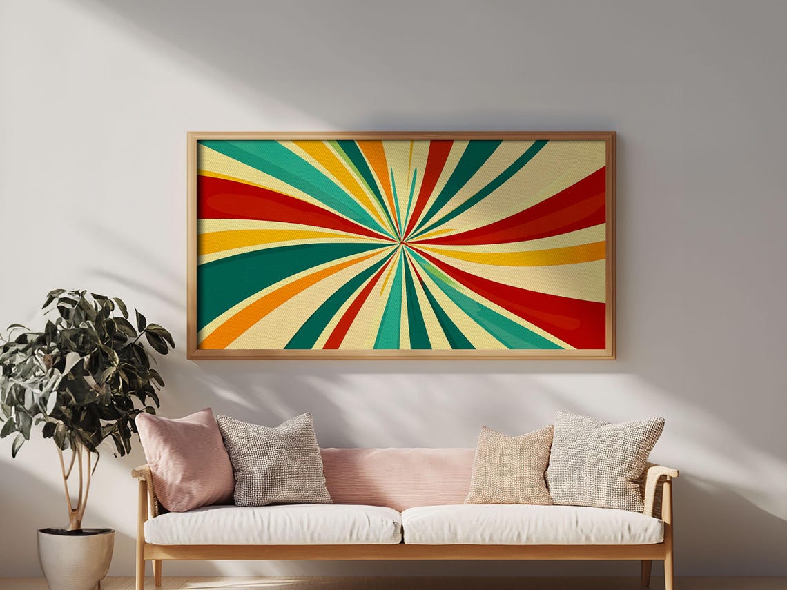 Retro Psychedelic Starburst Sun Rays Teal Red Yellow Atomic Print - Image 2
