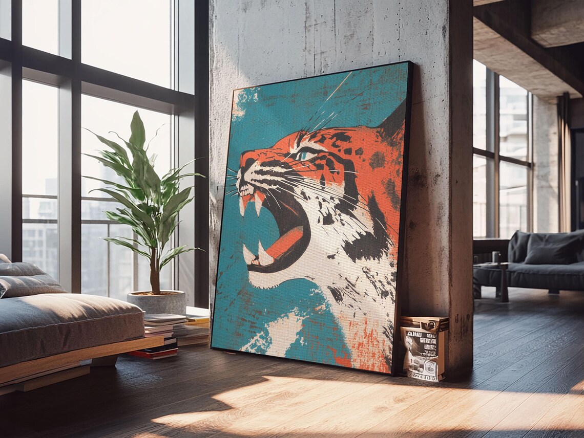 Roaring Tiger Head Bold Orange and Teal Japanese Pop Art Animal Poster - Image 2