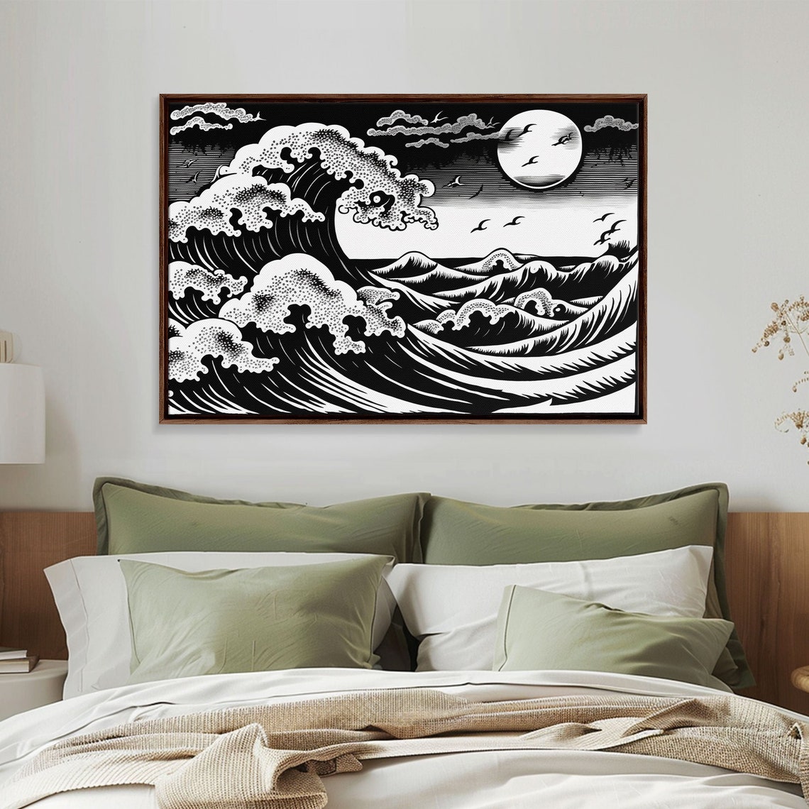 Great Wave Moonlit Ocean Black White Japanese Woodblock Style Poster - Image 5