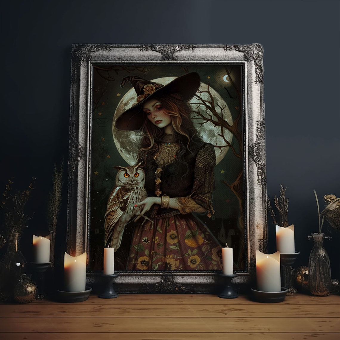 Witch Holding Barn Owl Under Full Moon Dark Forest Gothic Art Poster