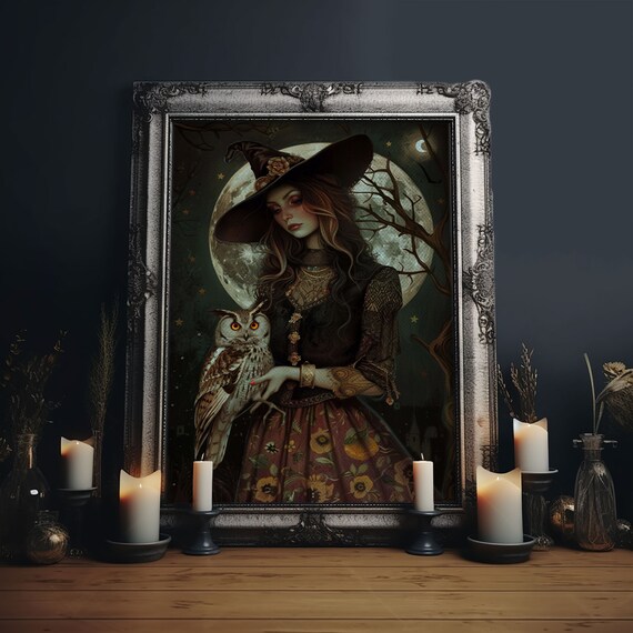 Witch Holding Barn Owl Under Full Moon Dark Forest Gothic Art Poster