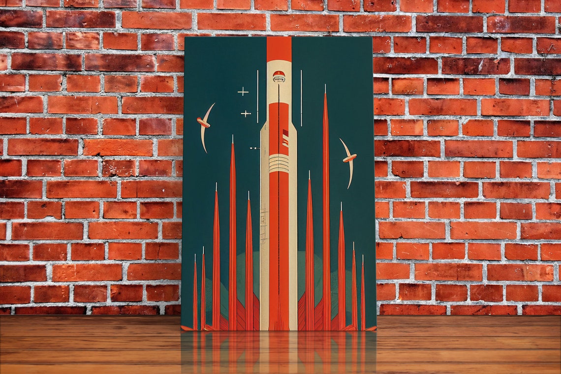 Art Deco Retro Rocket Launching To Space Vintage Style Wall Art Print - Image 2