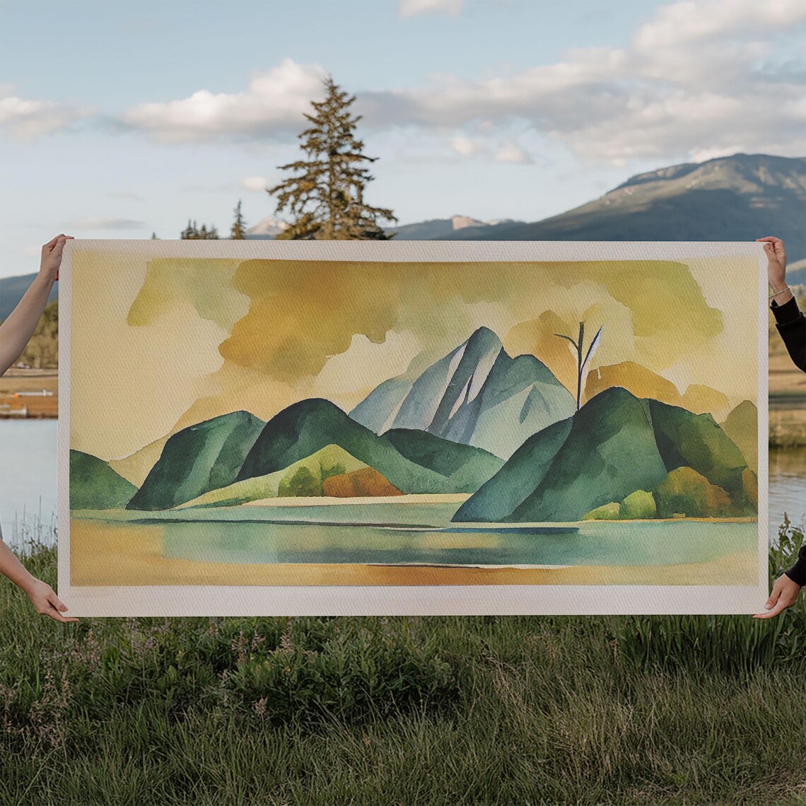 Green Watercolor Abstract Mountain Lake Landscape Modern Wall Poster