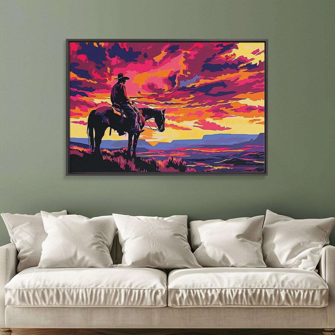 Wild West Cowboy at Sunset Neon Pop Art Horse Silhouette Art Poster - Image 3